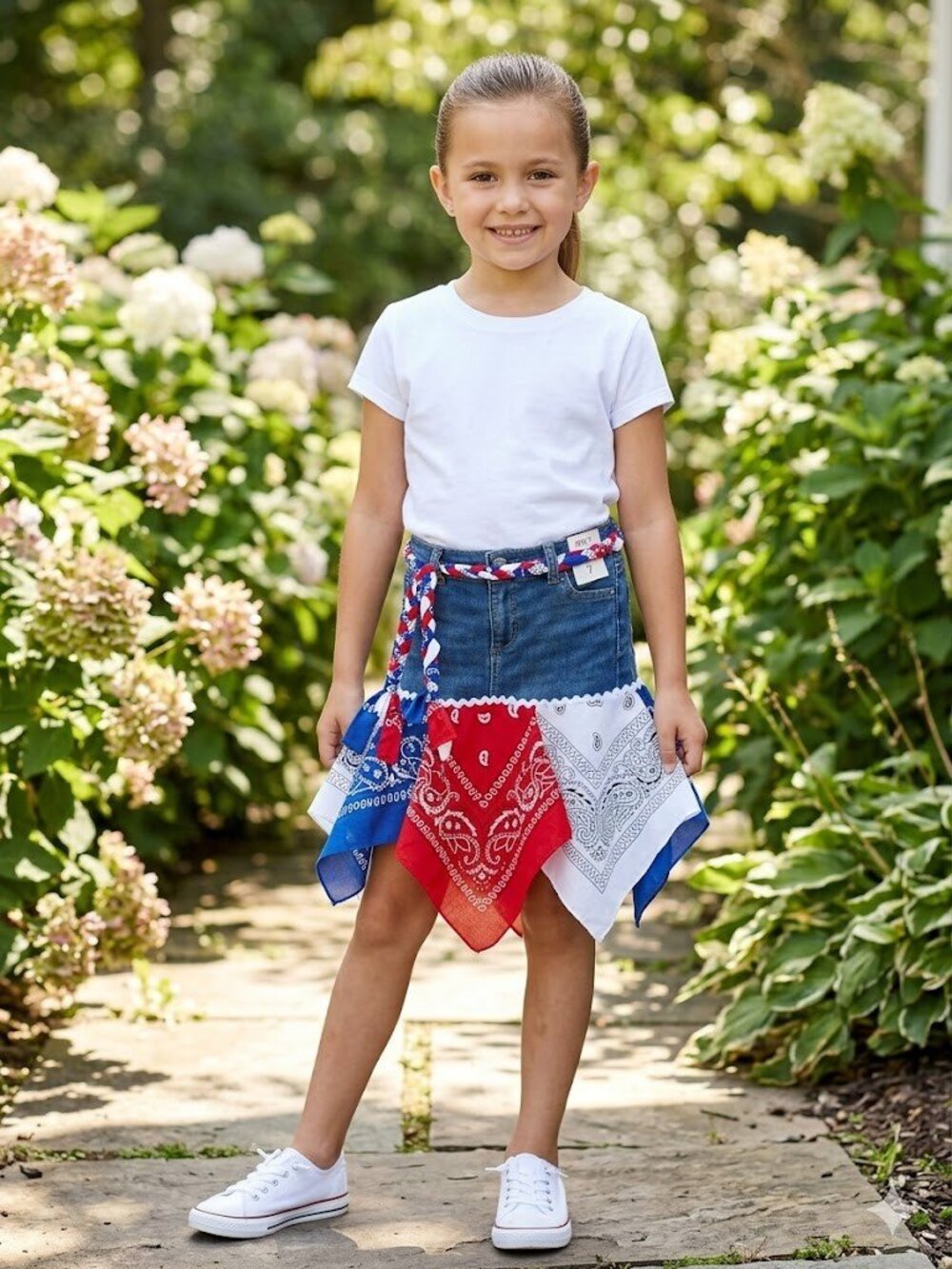 Upcycled Red White and blue Patriotic Bandana Denim jean Kids Skirt
